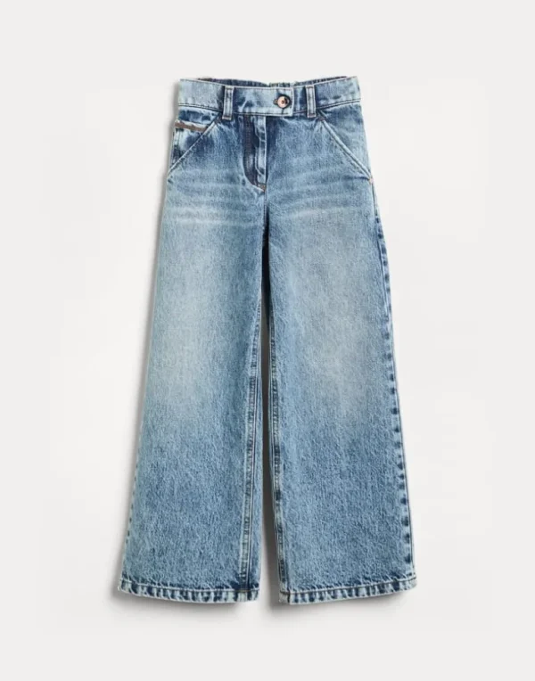 Authentic denim A-line trousers with monili