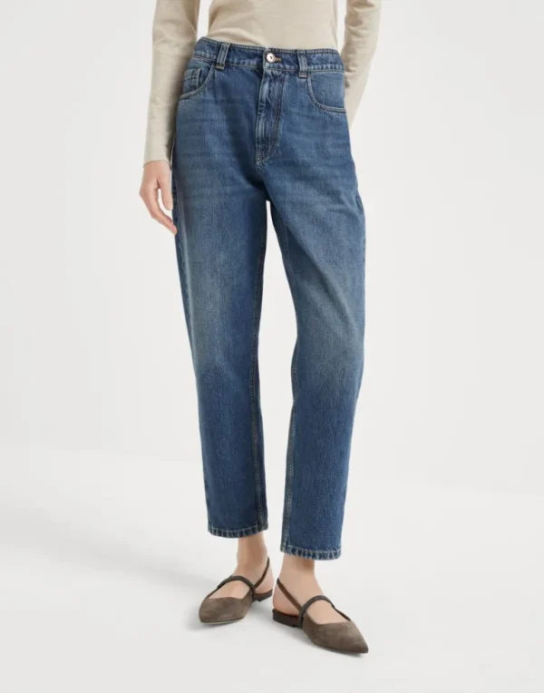 Authentic denim baggy trousers with shiny tab