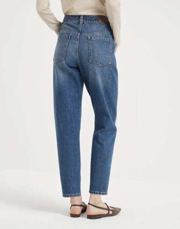 Authentic denim baggy trousers with shiny tab