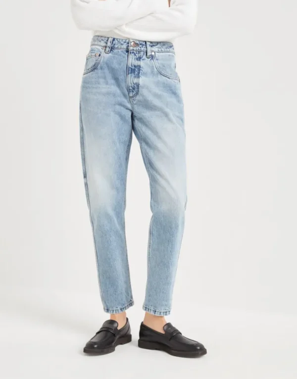 Authentic denim straight trousers with shiny bartack