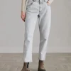 Authentic denim straight trousers with shiny bartack