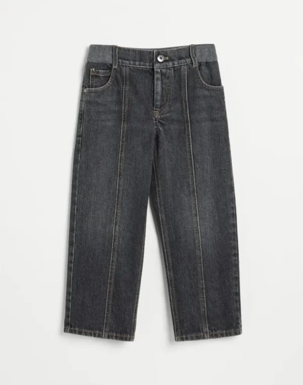 Authentic denim straight trousers with monili