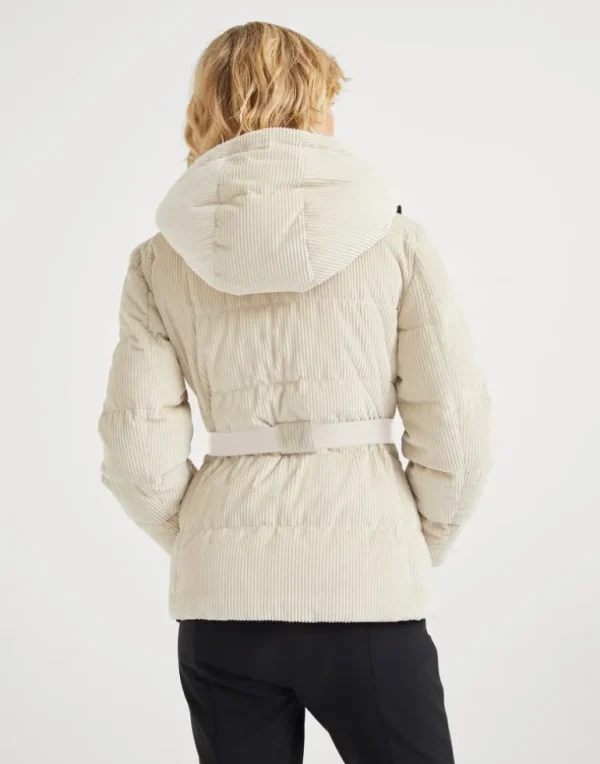 Bonded cotton corduroy mountain down jacket with detachable hood and precious zip detail