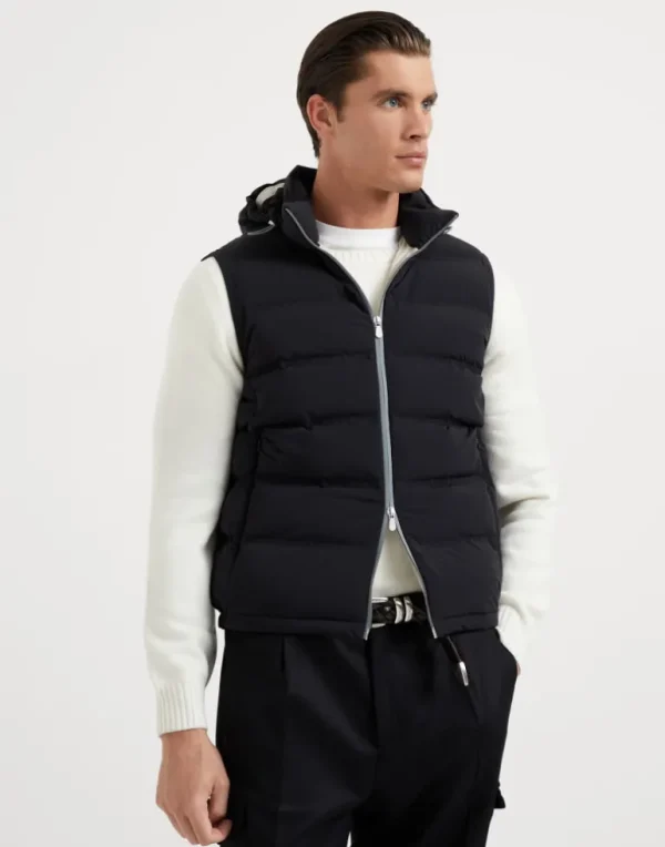 Bonded taffeta down vest with heat-bonded seams and detachable hood