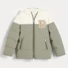 Bonded taffeta hooded down jacket with patch