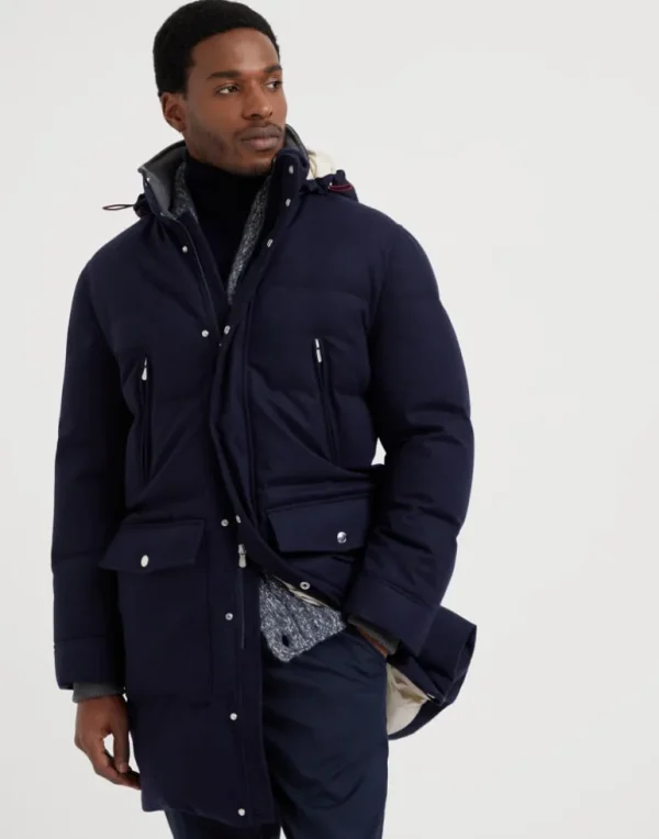 Bonded wool flannel down coat with detachable hood