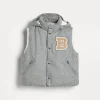 Bonded wool flannel down vest with detachable hood and patch