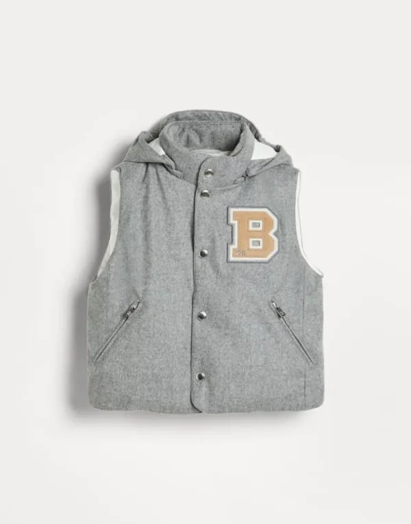 Bonded wool flannel down vest with detachable hood and patch