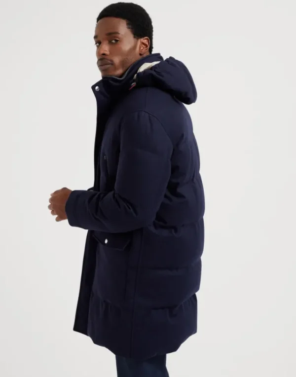 Bonded wool flannel down coat with detachable hood