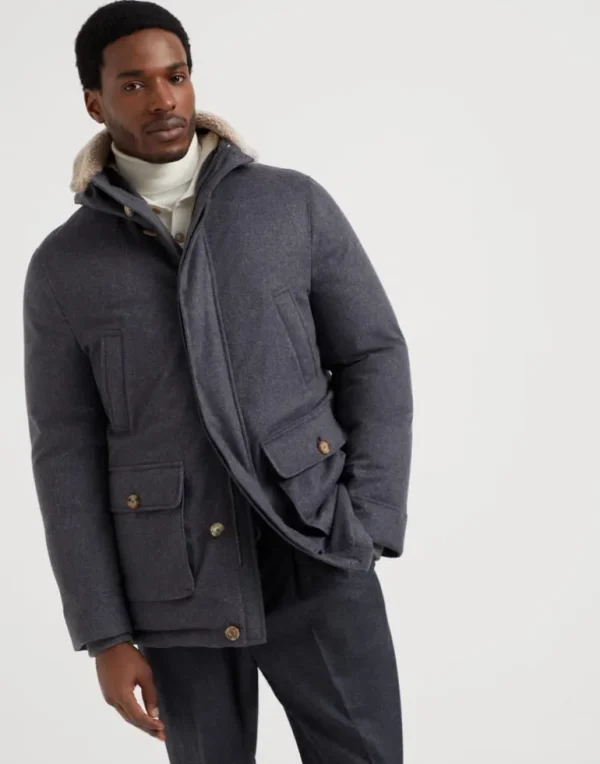 Bonded wool flannel hooded down parka with shearling insert