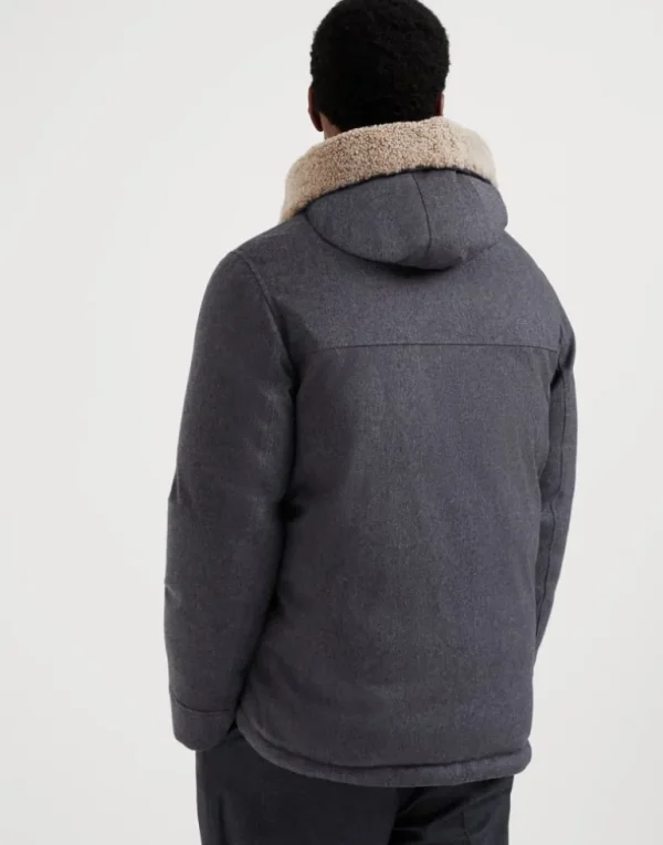 Bonded wool flannel hooded down parka with shearling insert