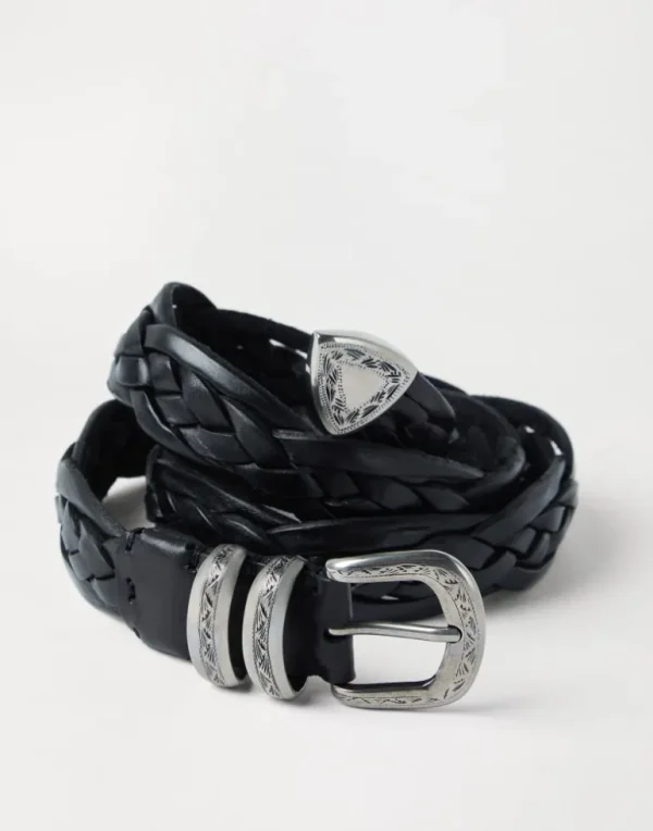 Braided calfskin belt with detailed buckle and tip