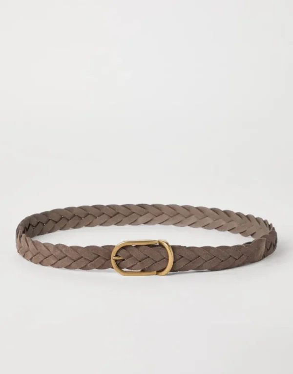 Bull suede braided belt with rounded buckle and metal keeper