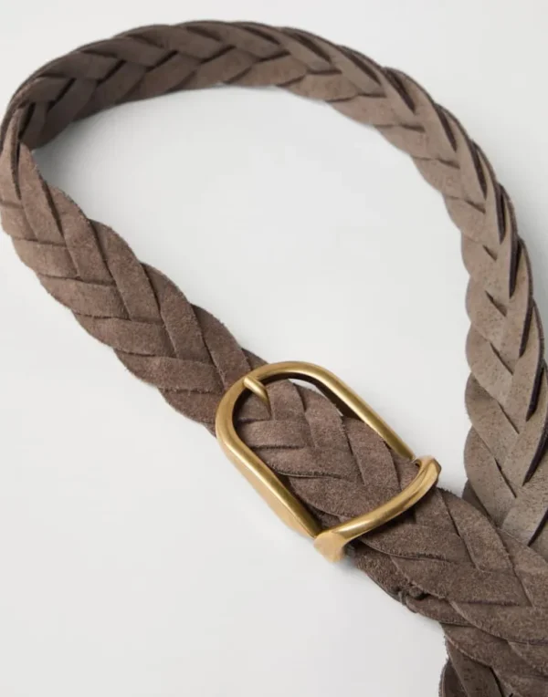 Bull suede braided belt with rounded buckle and metal keeper