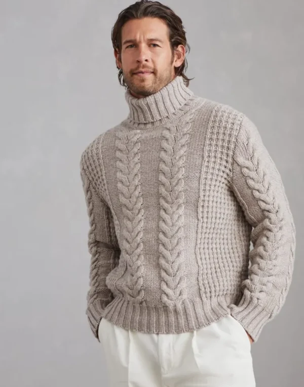 Cable knit turtleneck sweater in cashmere feather yarn