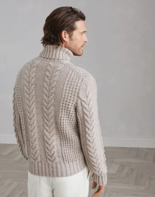 Cable knit turtleneck sweater in cashmere feather yarn