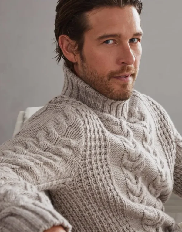 Cable knit turtleneck sweater in cashmere feather yarn