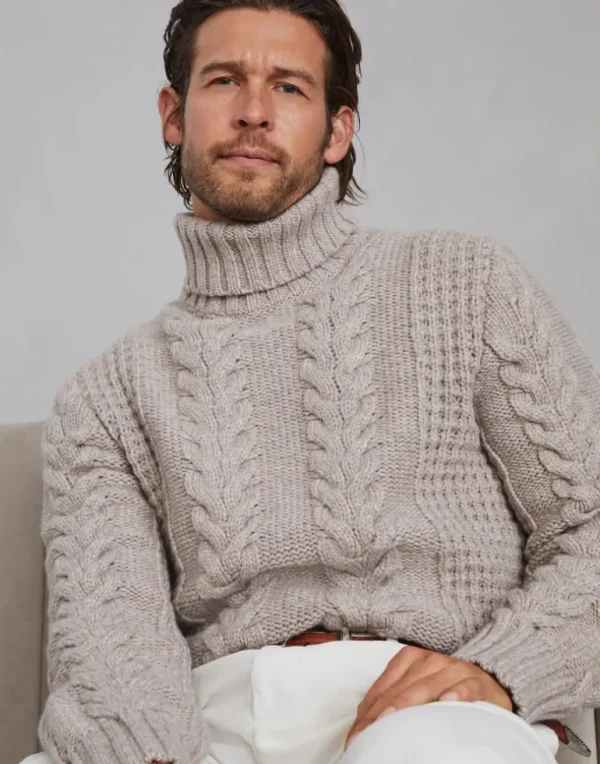 Cable knit turtleneck sweater in cashmere feather yarn