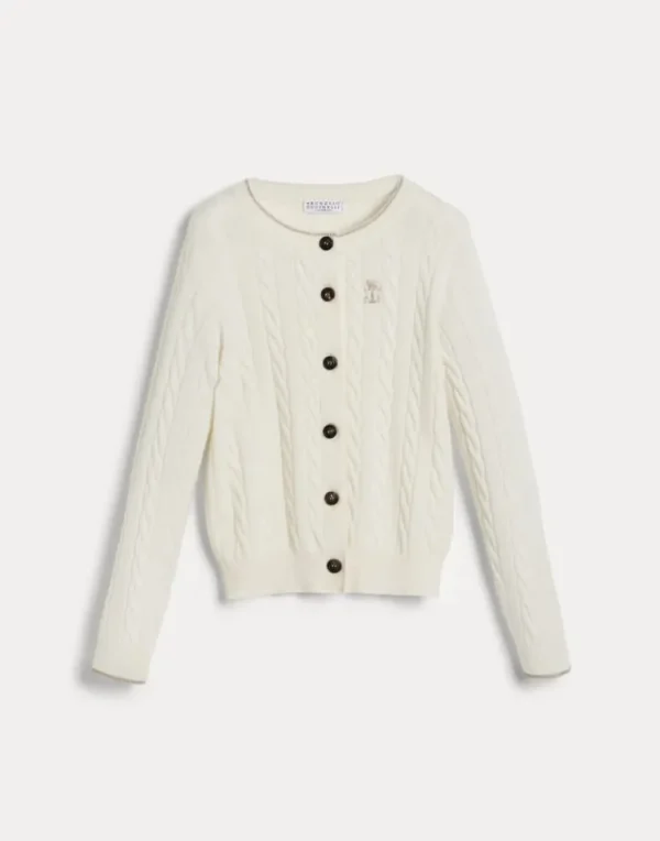 Cashmere cable knit cardigan with embroidered logo