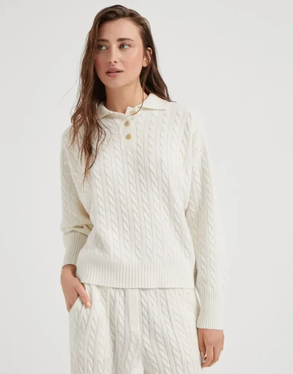 Cashmere cable knit polo-style sweater with monili