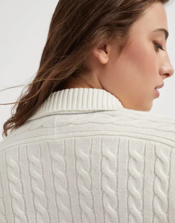 Cashmere cable knit polo-style sweater with monili