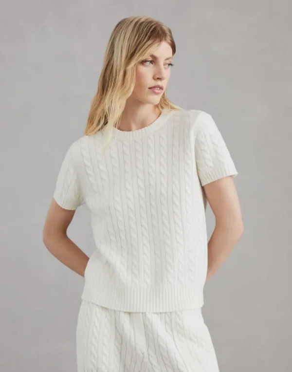 Cashmere cable knit short sleeve sweater