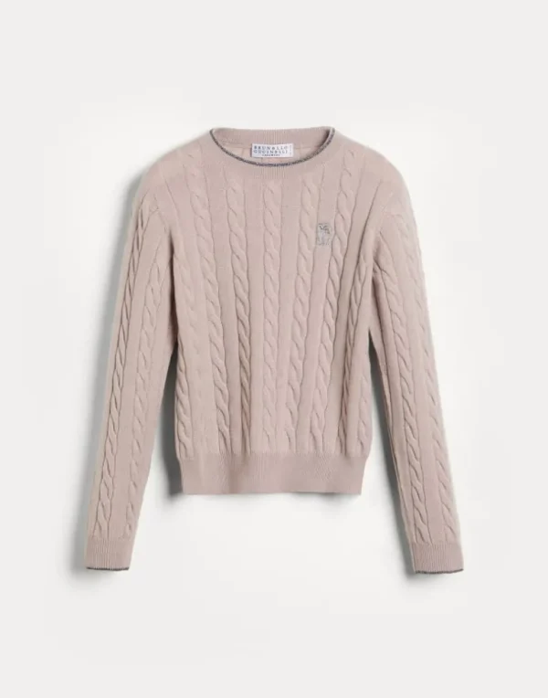 Cashmere cable knit sweater with embroidered logo