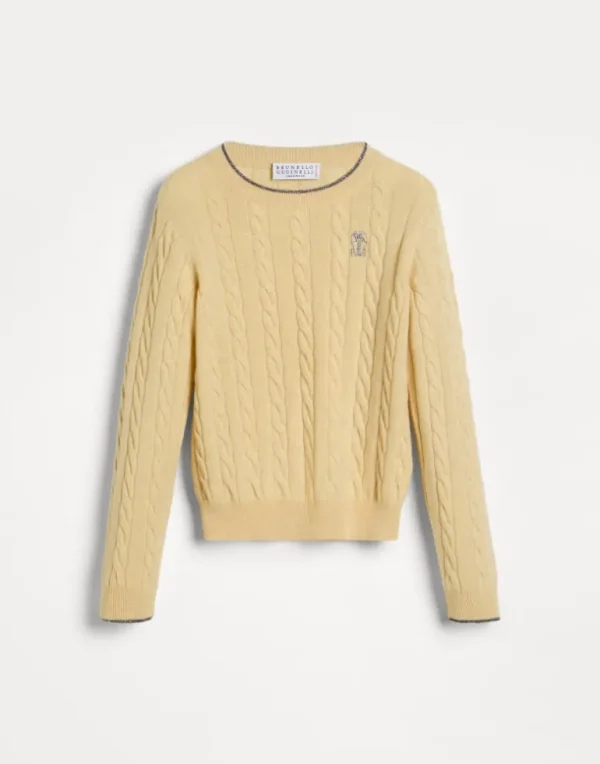 Cashmere cable knit sweater with embroidered logo