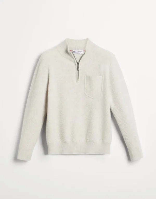 Cashmere diagonal rib sweater with half zip and chest pocket