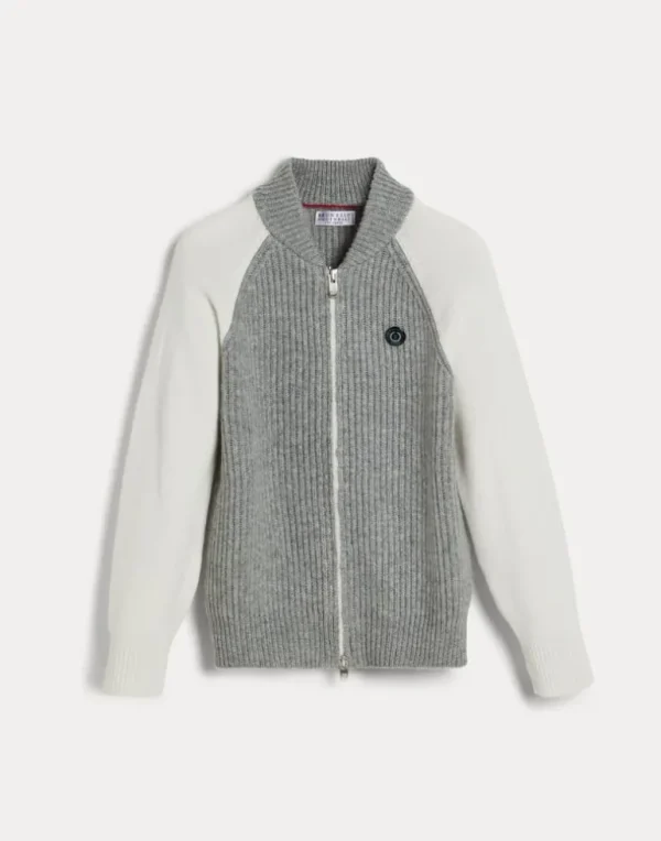 Cashmere English rib cardigan with contrast raglan sleeves and badges