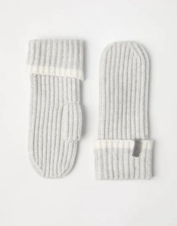 Cashmere English rib knit mittens with monili