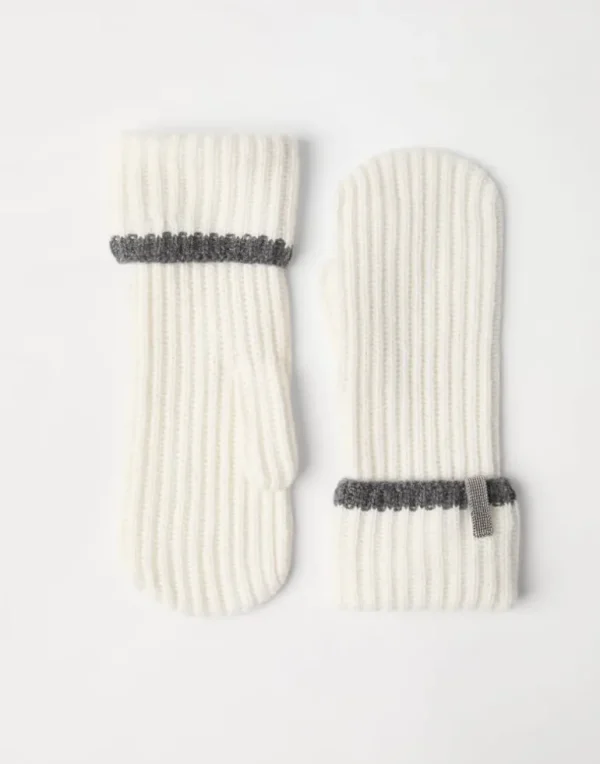 Cashmere English rib knit mittens with monili