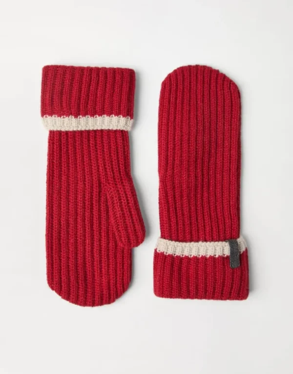 Cashmere English rib knit mittens with monili