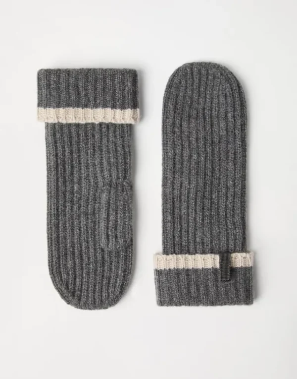 Cashmere English rib knit mittens with monili