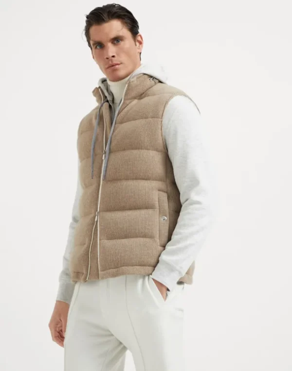 Cashmere English rib knit down vest with packable hood