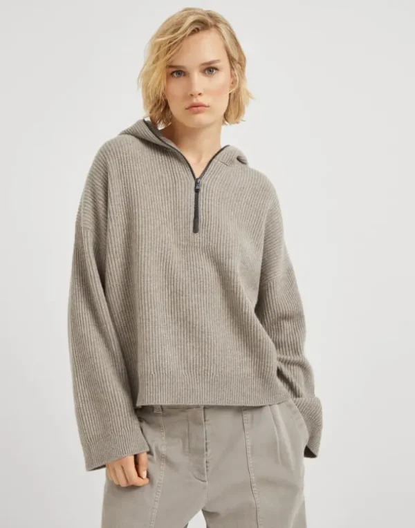 Cashmere English rib knit hooded sweater with shiny detail