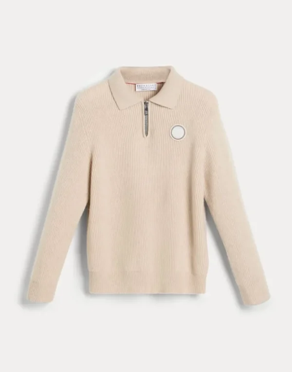 Cashmere English rib knit polo with zipper