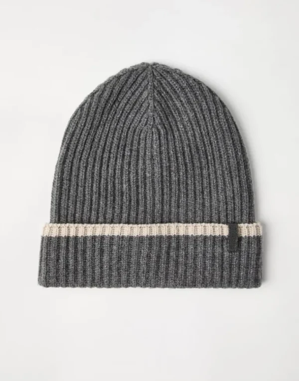 Cashmere English rib knit beanie with monili