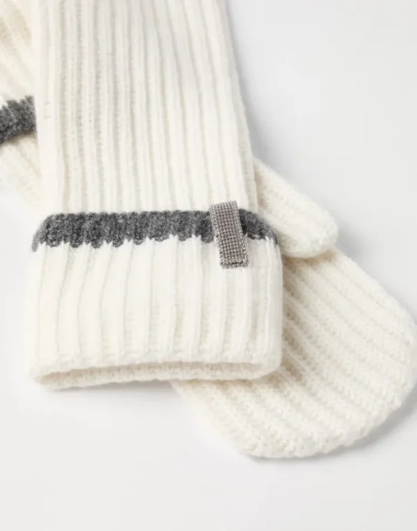 Cashmere English rib knit mittens with monili