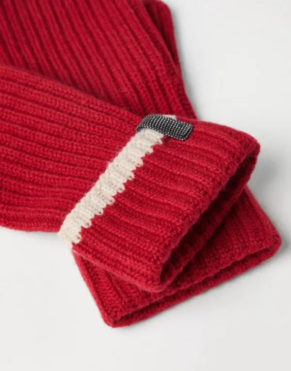 Cashmere English rib knit mittens with monili