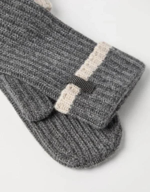 Cashmere English rib knit mittens with monili