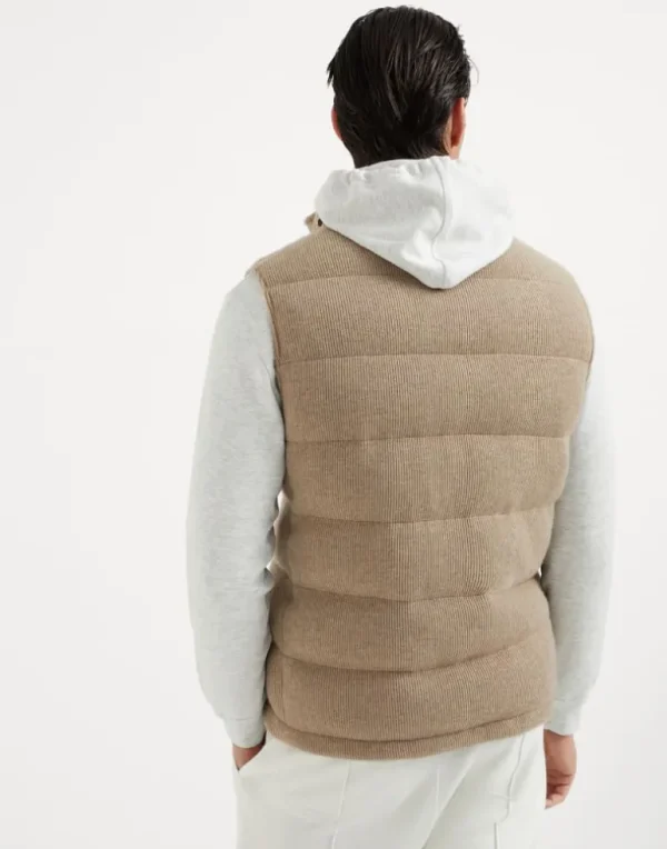 Cashmere English rib knit down vest with packable hood