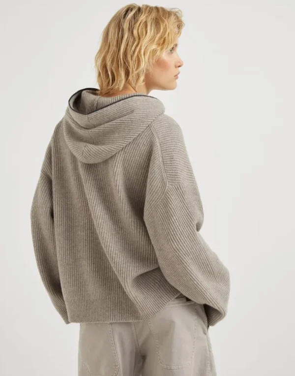 Cashmere English rib knit hooded sweater with shiny detail