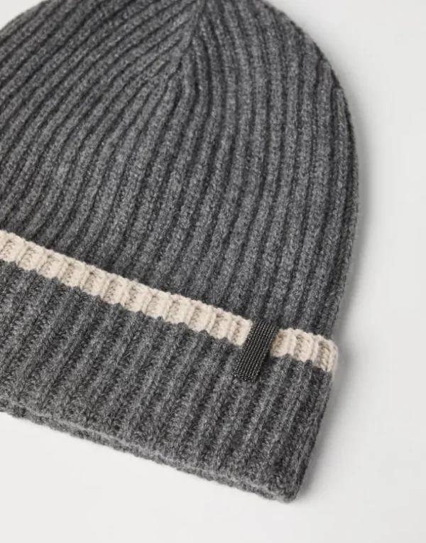 Cashmere English rib knit beanie with monili