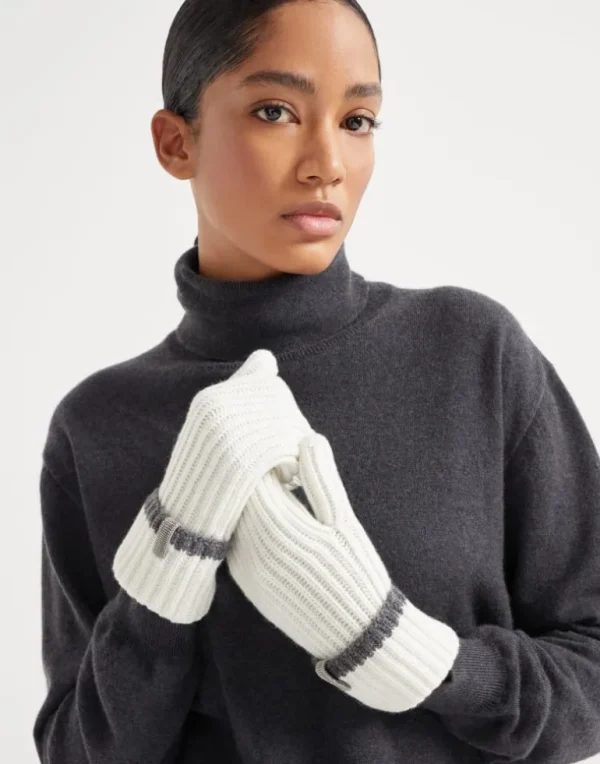 Cashmere English rib knit mittens with monili