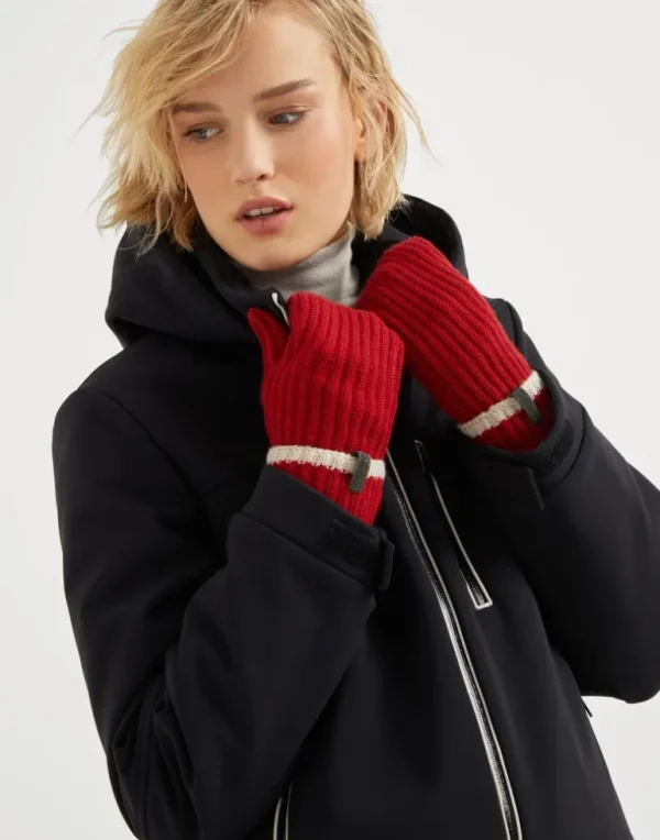 Cashmere English rib knit mittens with monili