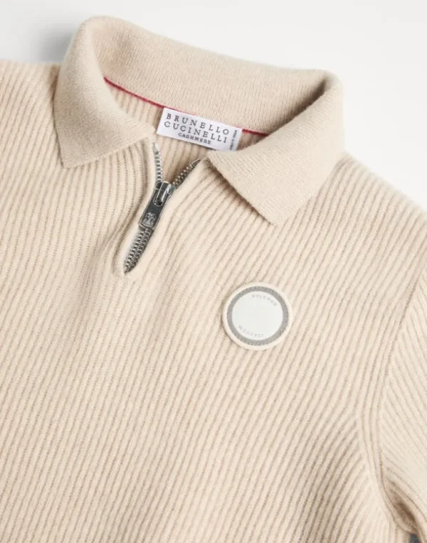 Cashmere English rib knit polo with zipper