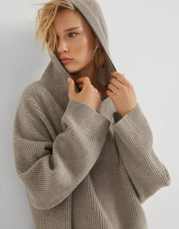 Cashmere English rib knit hooded sweater with shiny detail