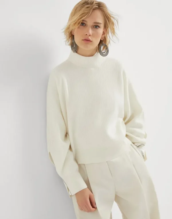 Cashmere English rib sweater with shiny cuff details