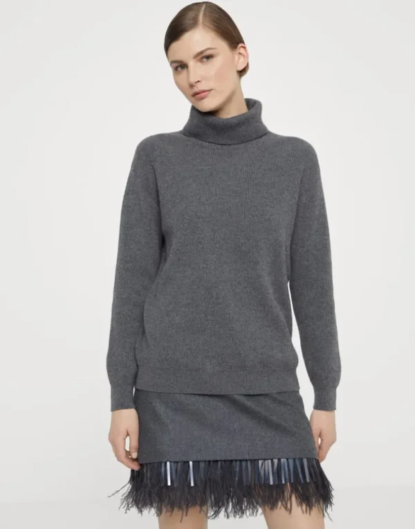 Cashmere English rib turtleneck sweater with monili